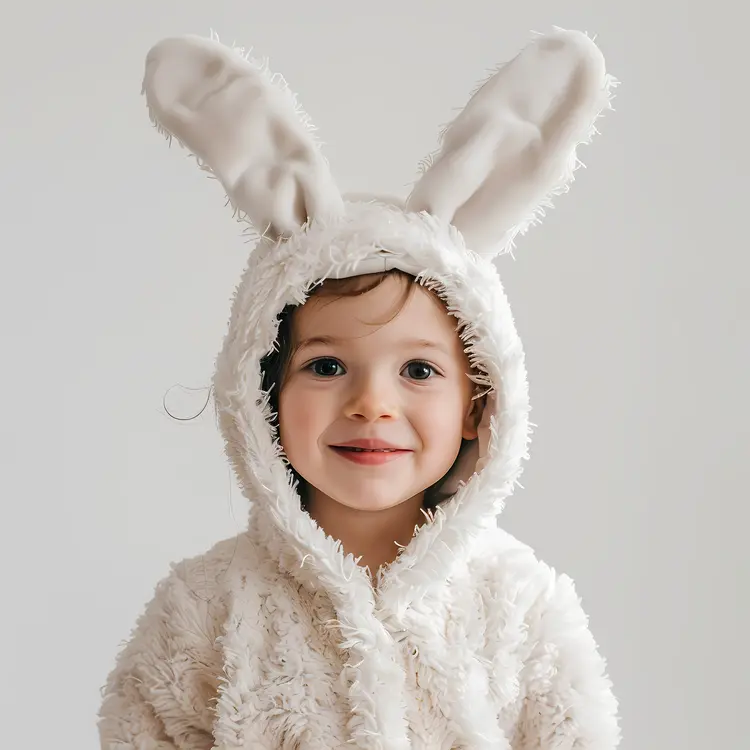 Smiling Child in White Bunny Costume
