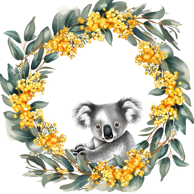 Adorable Koala in Yellow Floral Wreath
