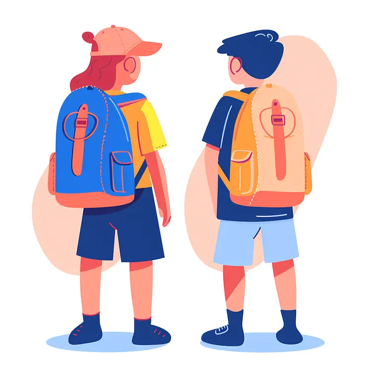 Children with Backpacks in Summer Clothing