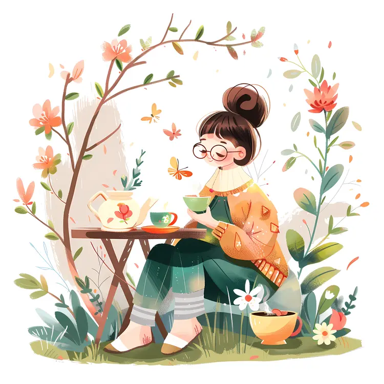 Girl with Bun Enjoying Tea in a Garden