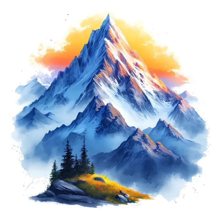 Sunset Over Snowy Mountain Landscape