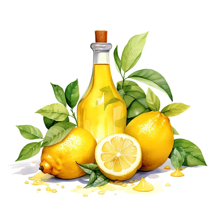Bottle of Lemon Juice with Fresh Lemons and Leaves