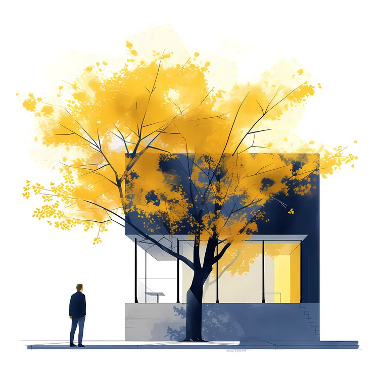 Modern House with Yellow Tree