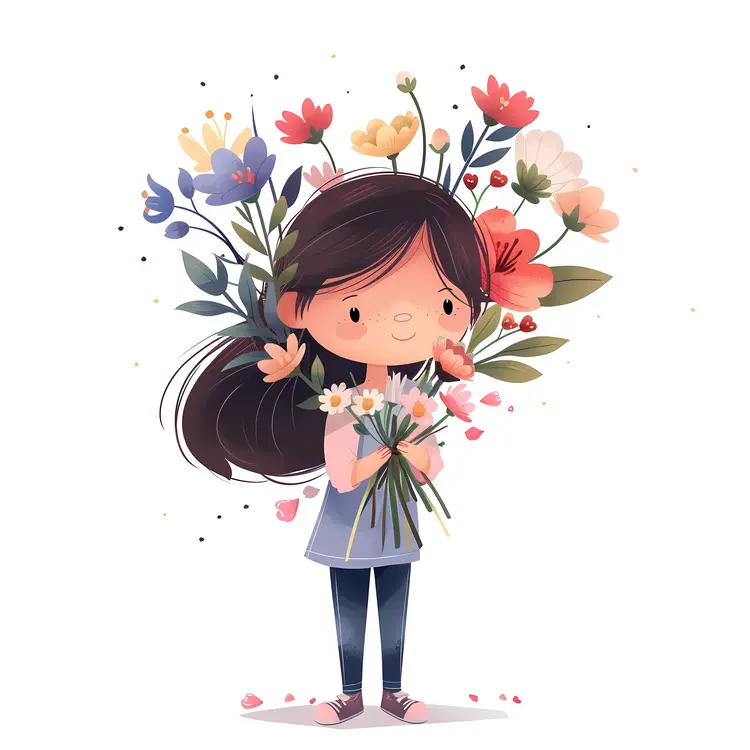 Cute Girl with Colorful Flower Bouquet