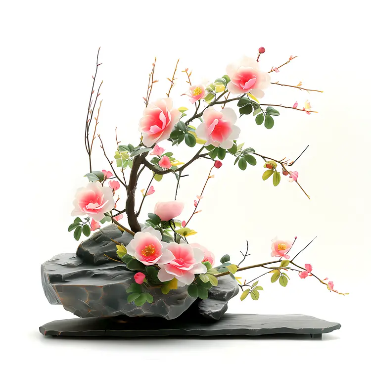 Decorative Pink Floral Arrangement on Rocks