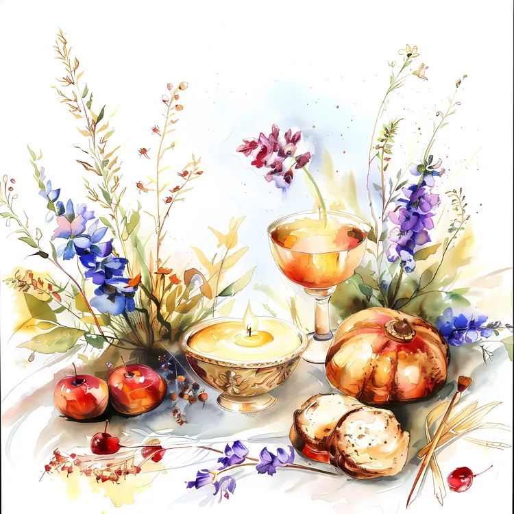 Still Life with Flowers and Food in Watercolor