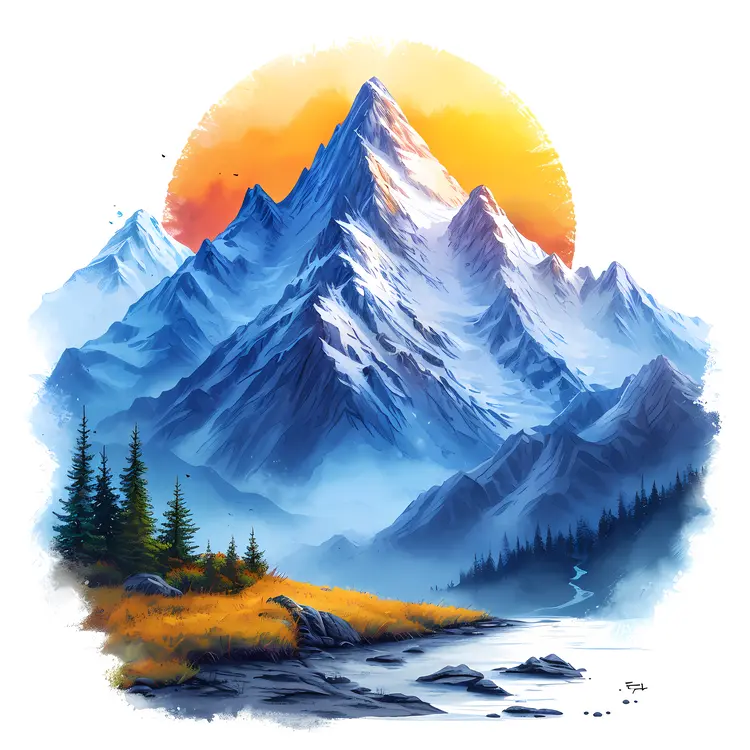 Sunset Over Snowy Mountain Landscape