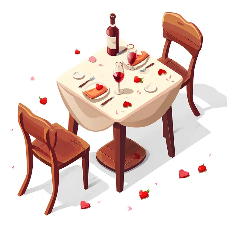 Romantic Dinner Table with Wine and Hearts