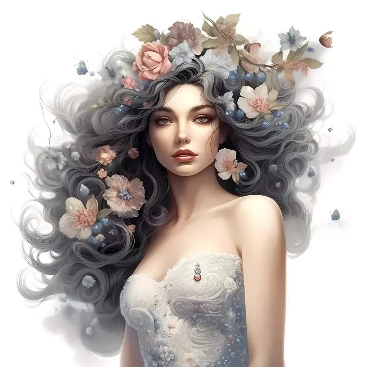 Beautiful Woman with Floral Hair Illustration