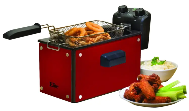Red Elite Deep Fryer with Onion Rings and Chicken Wings