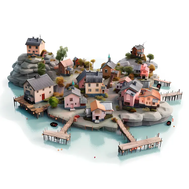 Small Cute Doodle Houses on Water with Rocks