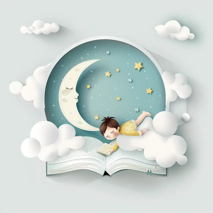Child Sleeping on Book with Moon and Stars