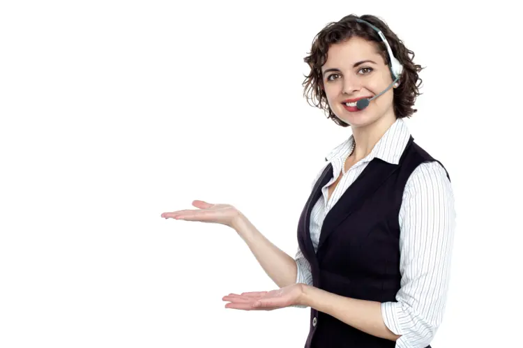 Smiling Woman with Headset Pointing