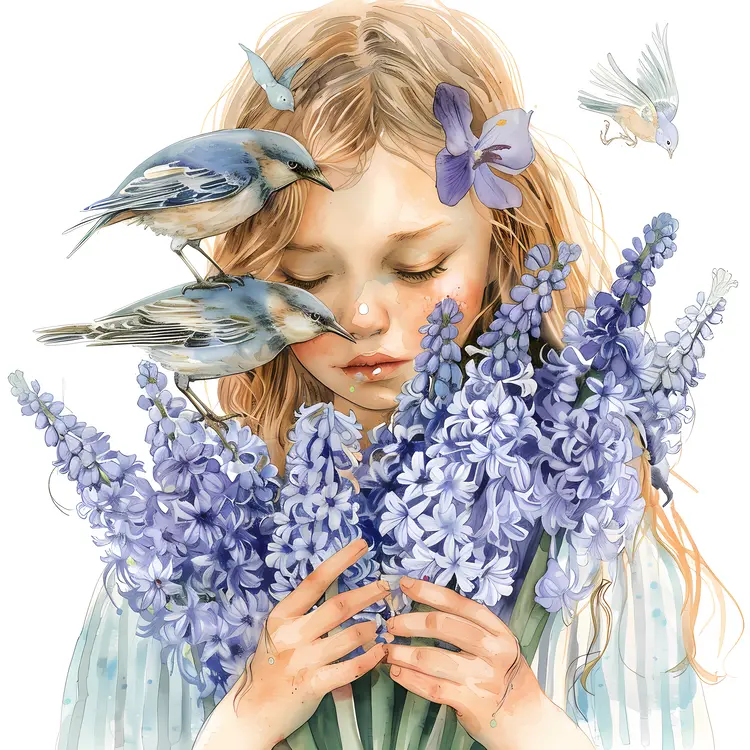 Girl Holding Lavender Flowers with Birds