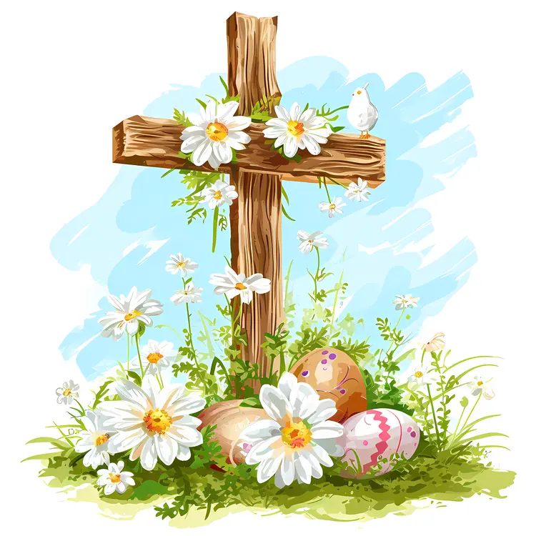 Wooden Cross with Daisies and Easter Eggs