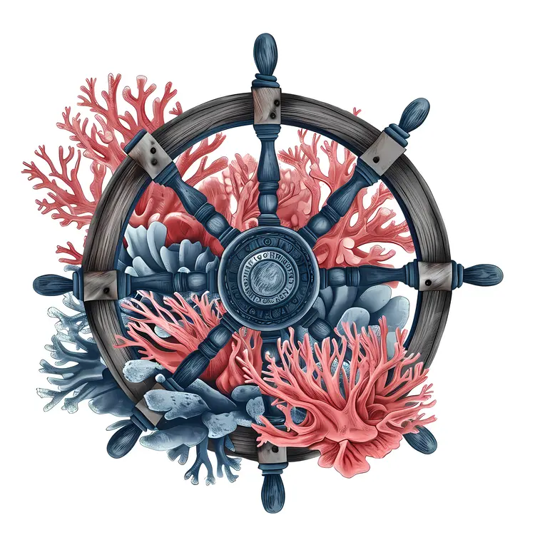 Ship Wheel with Coral and Marine Life