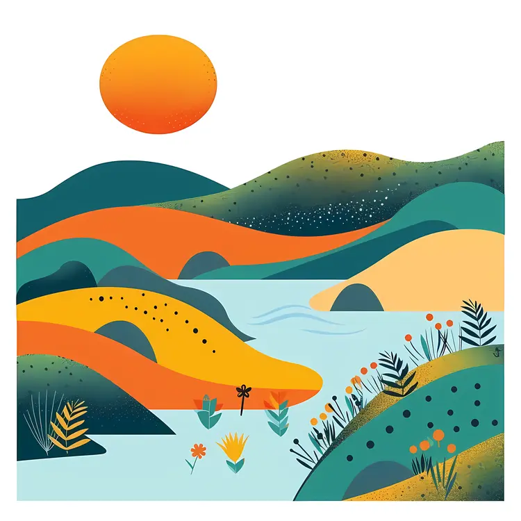 Colorful Hills and River at Sunset