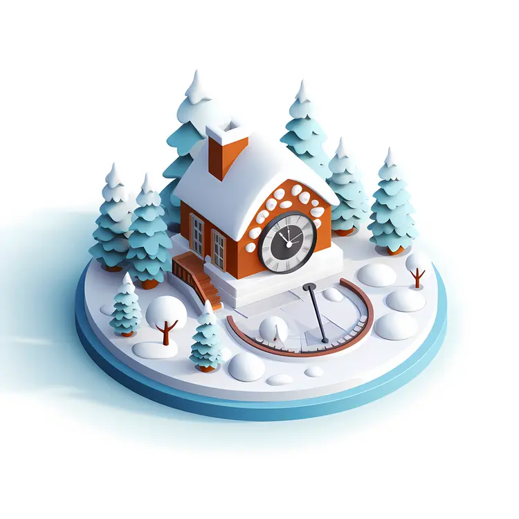 Snowy Clock House with Pine Trees
