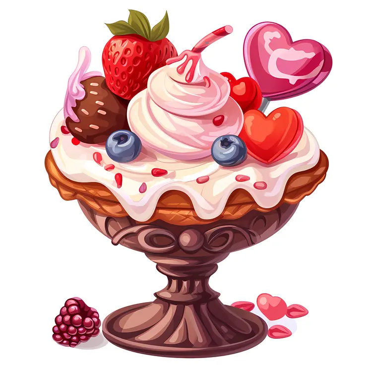 Delicious Ice Cream Sundae with Berries and Heart Candy