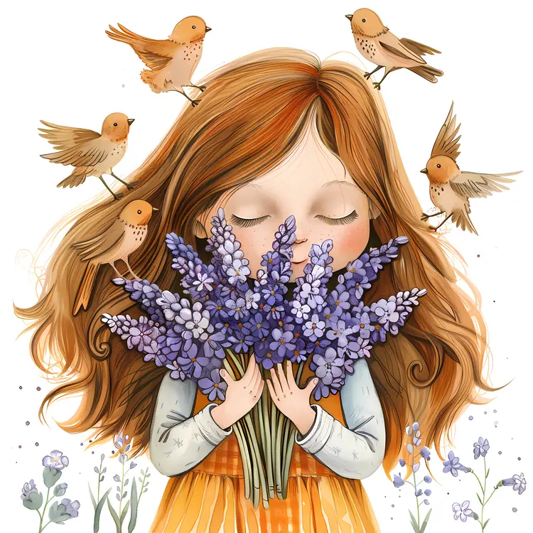 Girl with Purple Flowers and Birds