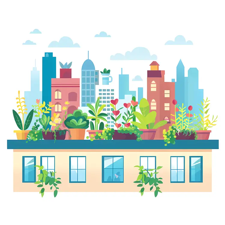 Urban Rooftop Garden with Potted Plants