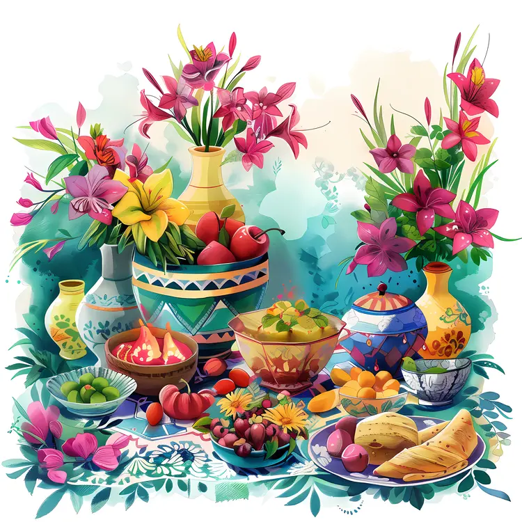 Spring Feast with Flowers and Vases