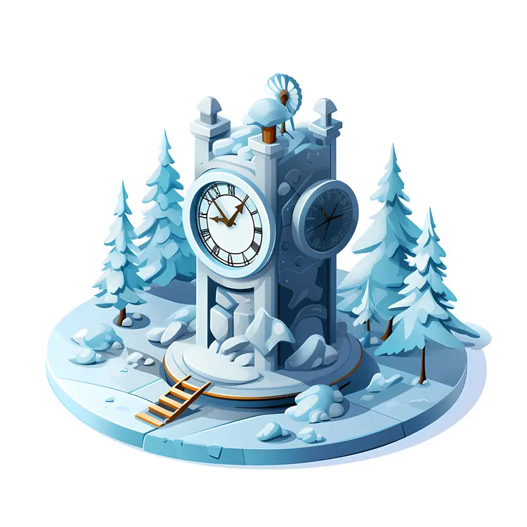 Winter Clock Tower in Snowy Forest