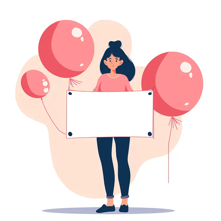 Woman Holding Blank Banner with Balloons