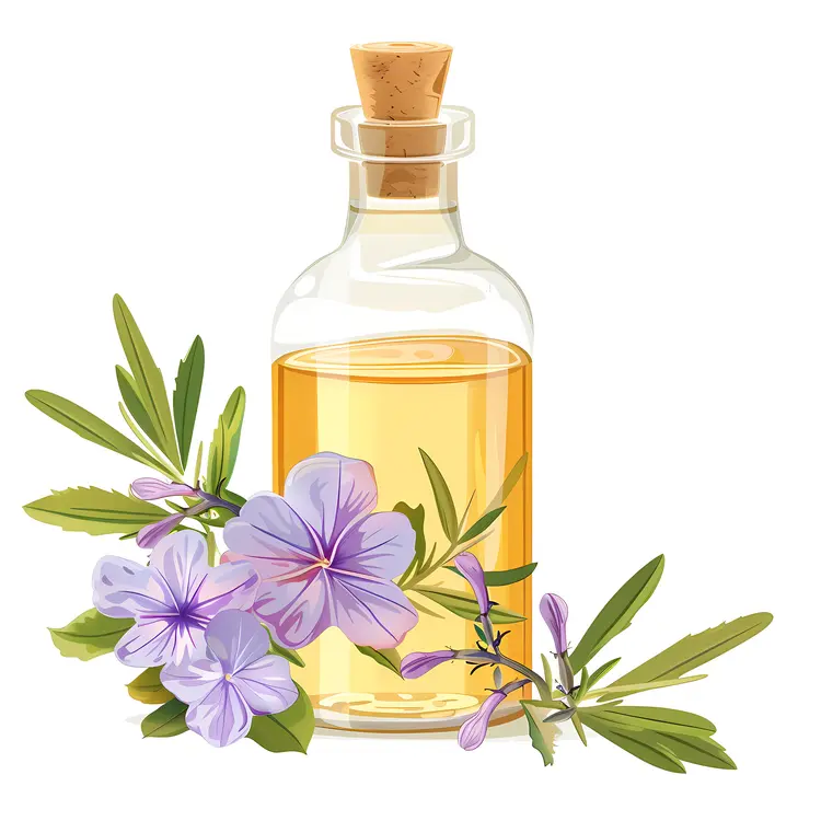 Essential Oil Bottle with Purple Flowers and Green Leaves