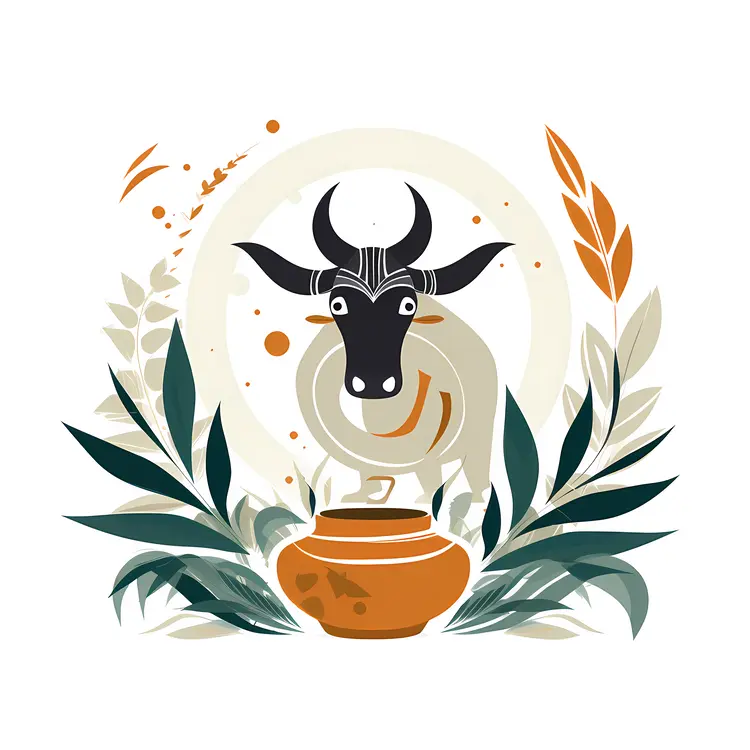 Decorative Cow and Pot with Leaves