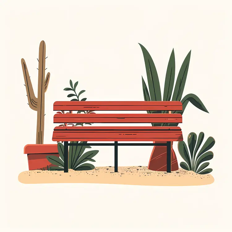 Red Bench with Desert Plants