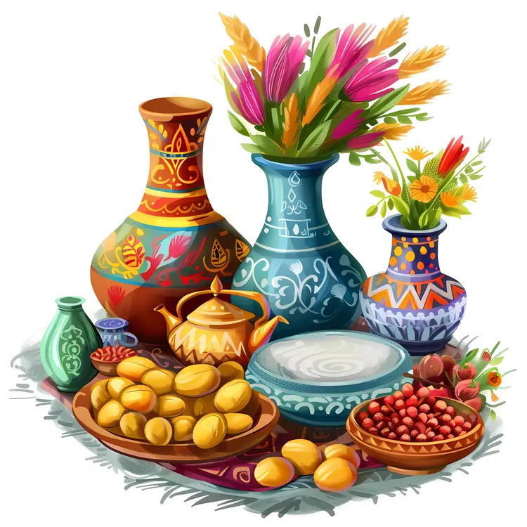 Decorative Vases with Flowers and Food