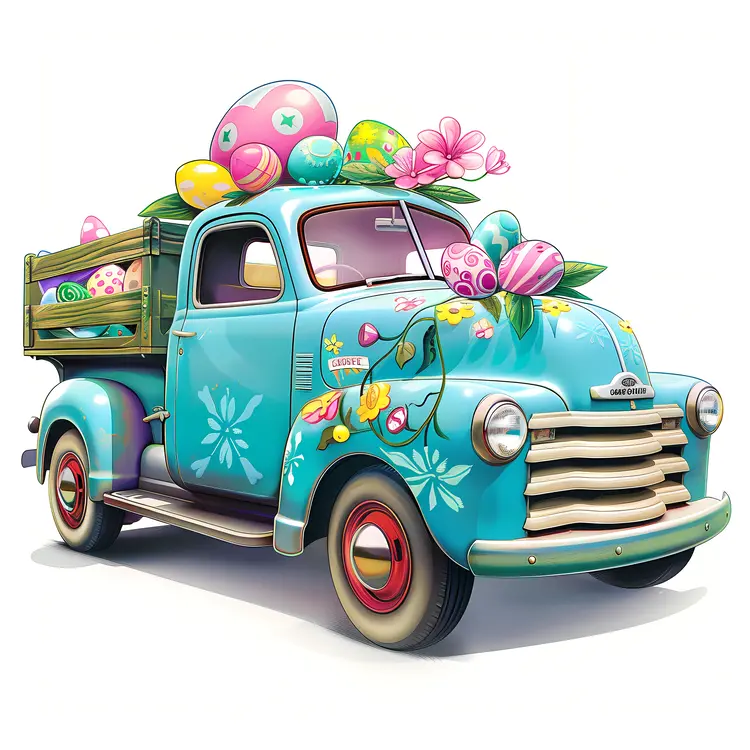 Decorated Blue Truck with Easter Eggs and Flowers