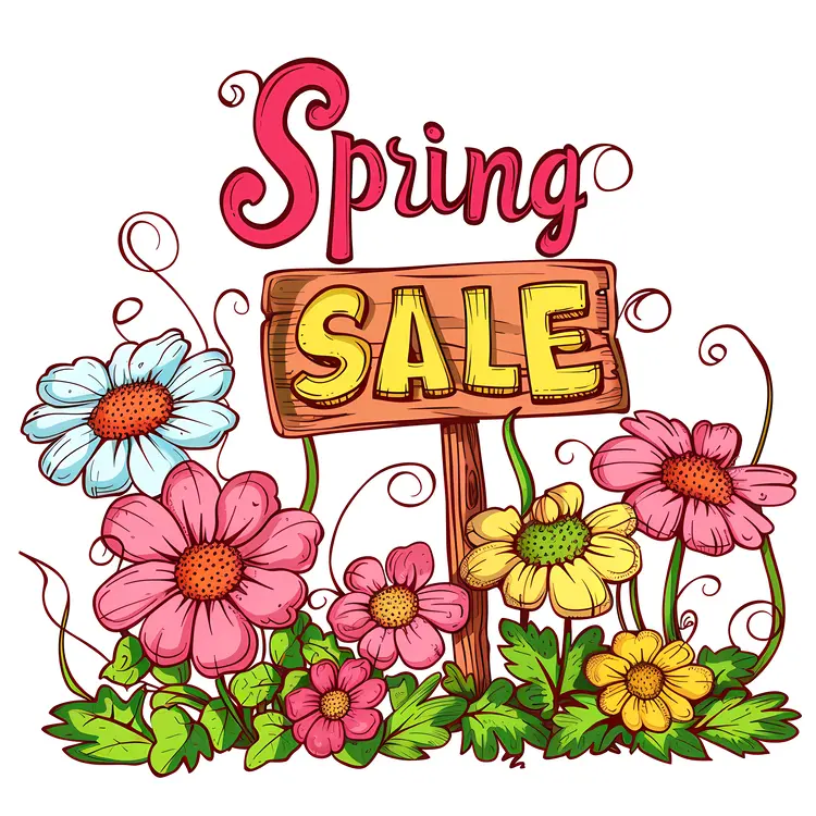 Spring Sale Banner with Wooden Sign and Flowers
