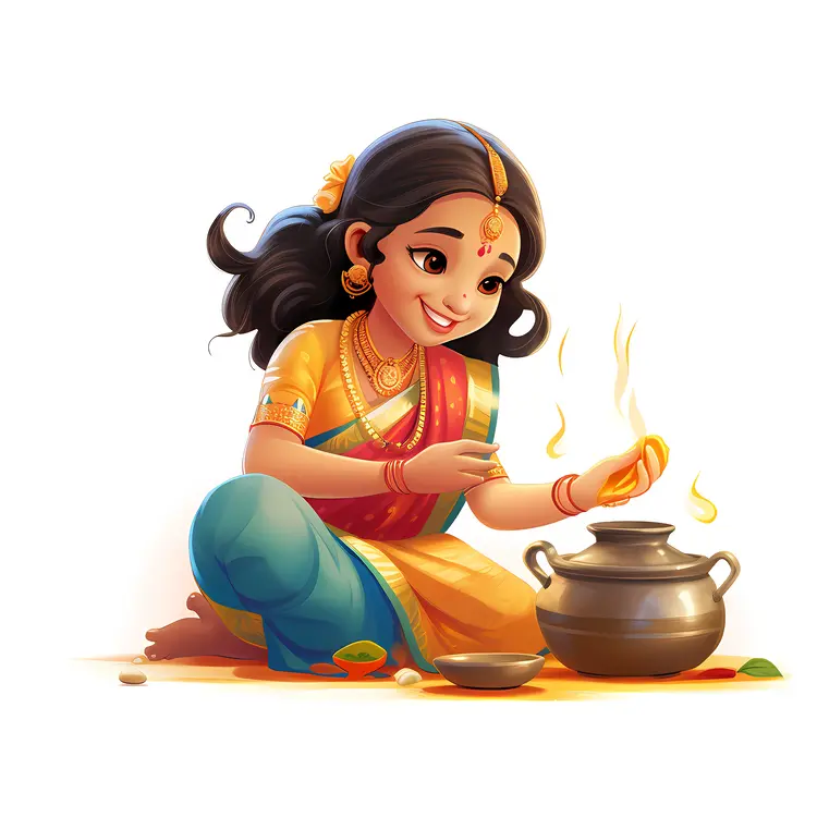 Smiling Girl Cooking with Pot