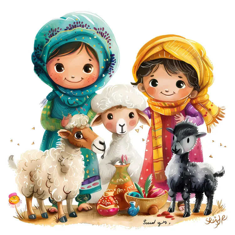 Children and Sheep in Colorful Attire