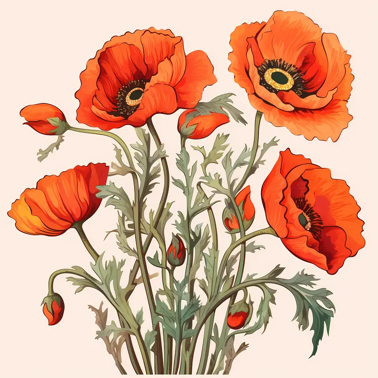 Red Poppies with Green Leaves and Buds