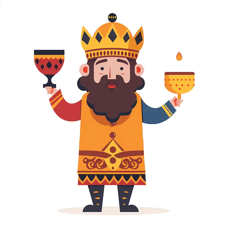 Cartoon King with Goblets and Crown