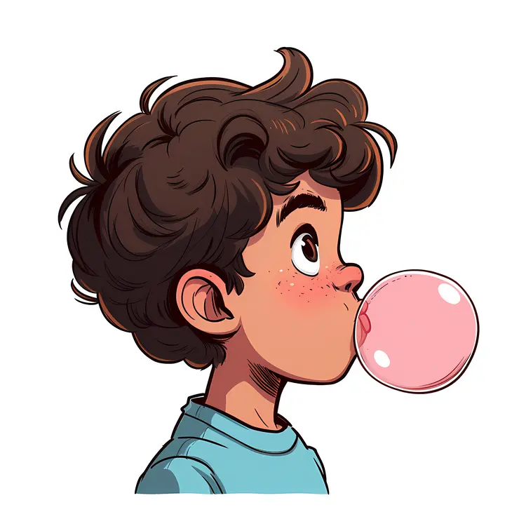 Cartoon Boy with Curly Hair Blowing Bubblegum