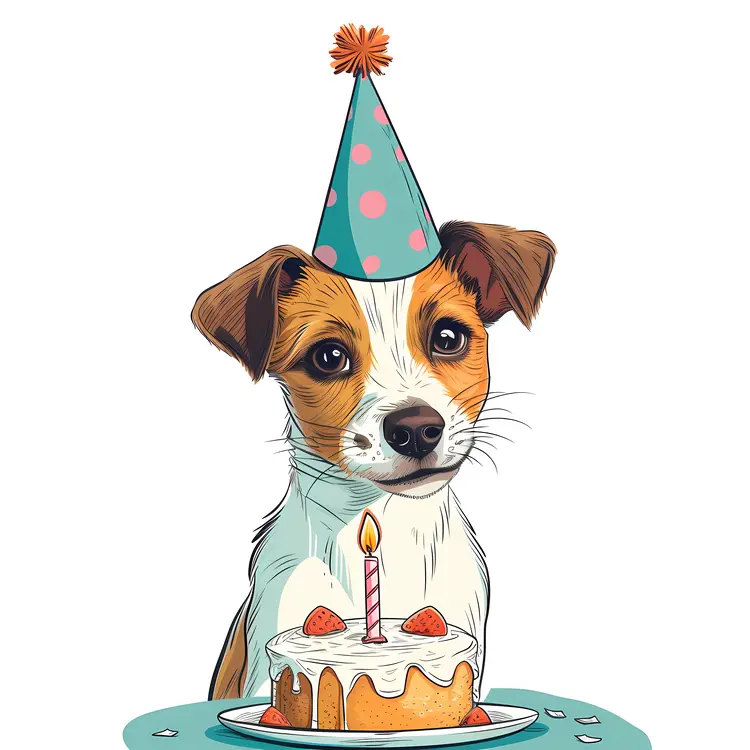 Cute Dog with Birthday Hat and Cake
