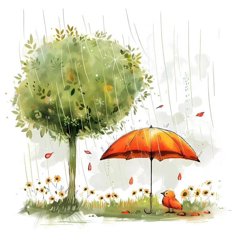Bird Sheltering Under an Umbrella in the Rain