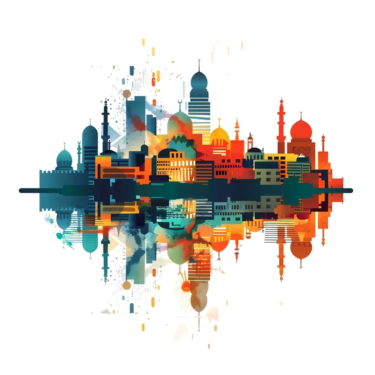 Colorful Cityscape Silhouette with Reflection