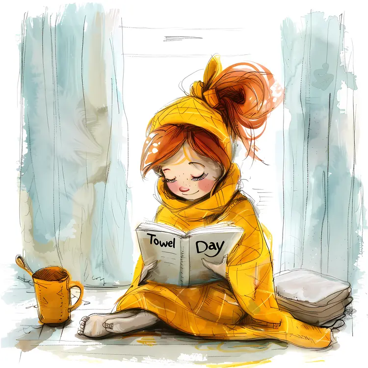 Girl Reading a Book on Towel Day