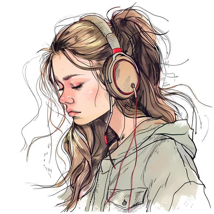 Girl with Brown Headphones Listening to Music