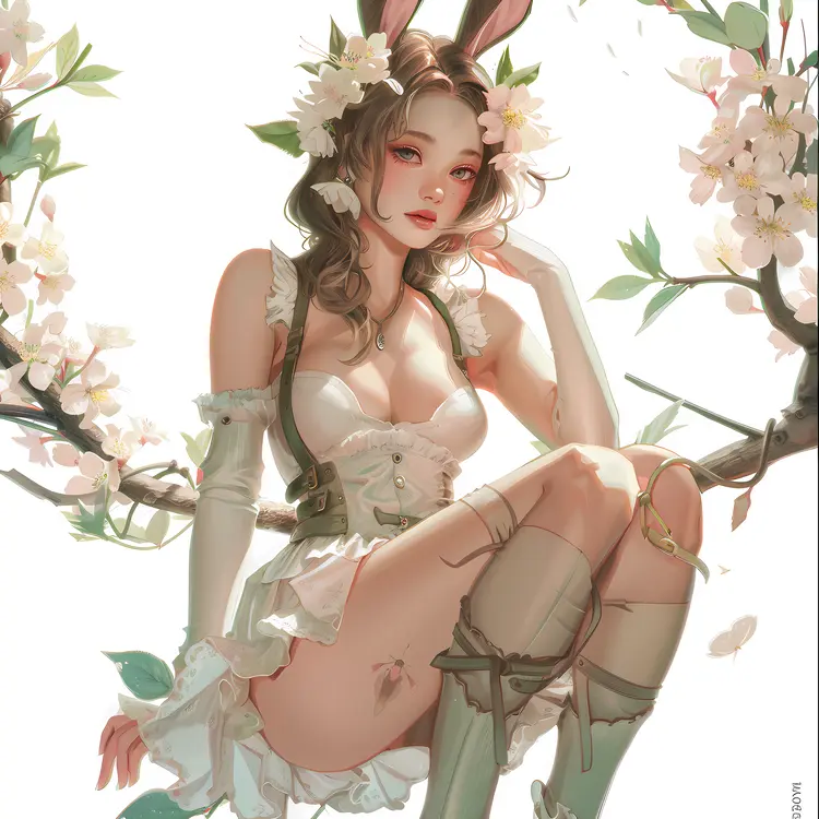 Cute Girl with Bunny Ears and Flowers