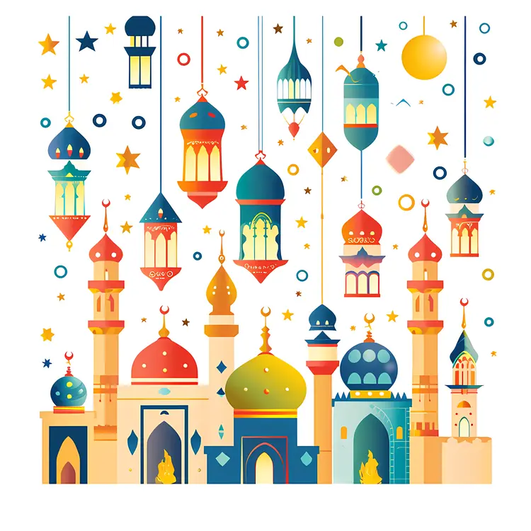 Colorful Mosque with Hanging Lanterns and Stars