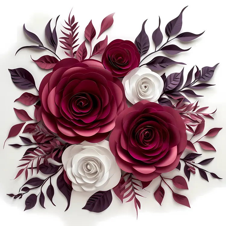 Red and White Paper Roses with Purple Leaves
