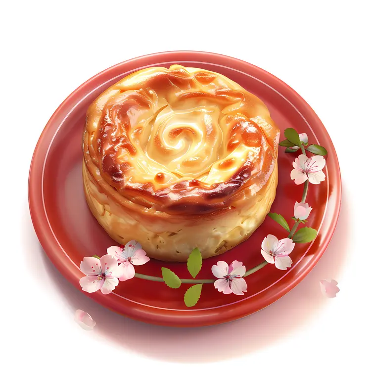 Golden Pastry on Red Plate with Floral Decoration