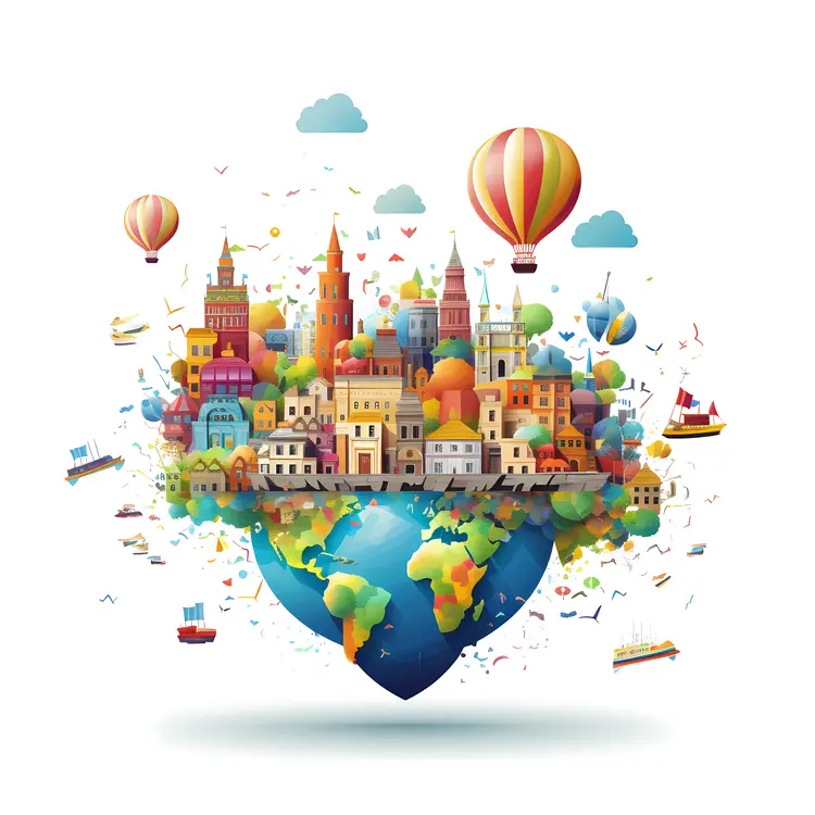 Colorful Cityscape with Hot Air Balloons