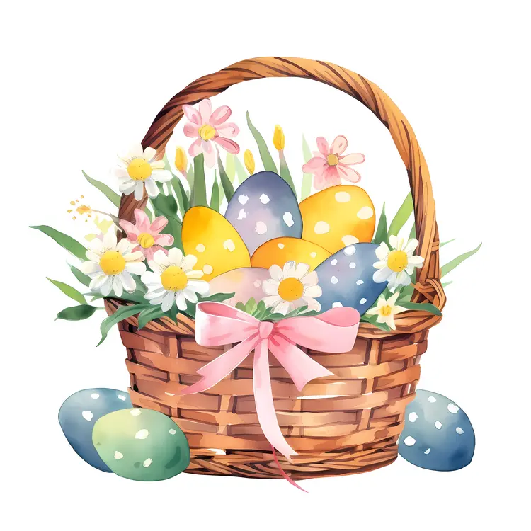 Watercolor Easter Basket with Polka Dot Eggs and Daisies